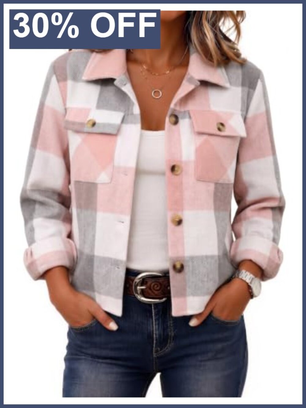 Plaid Flannel Cropped Shacket Button Down Loose Fit Casual Jacket